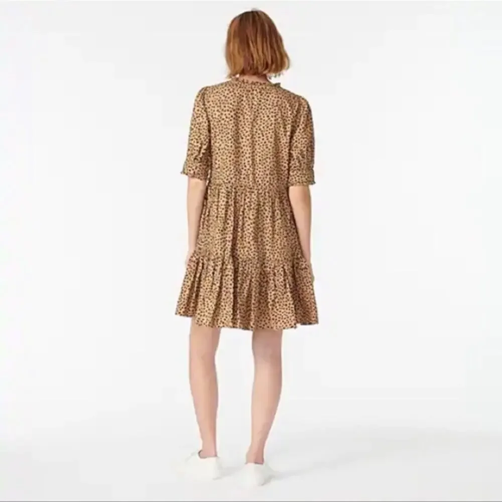 J. Crew Tan Leopard Dot Ruffle Neck Tiered Popover Relaxed Fit Preppy Dress M